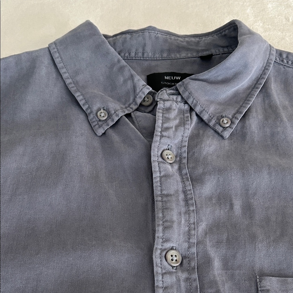 NEUW Steel Blue Linen Blend Casual Button-Down Shirt. Size small. - Picture 6 of 15